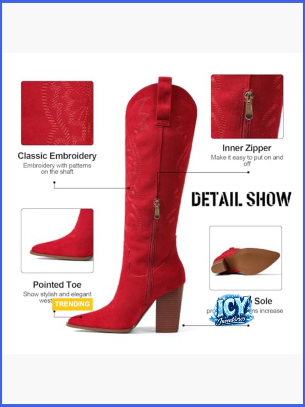 Knee High Cowboy Boots Pointed Toe Chunky Heels Western Pull-on Embroidered - Picture 4 of 7